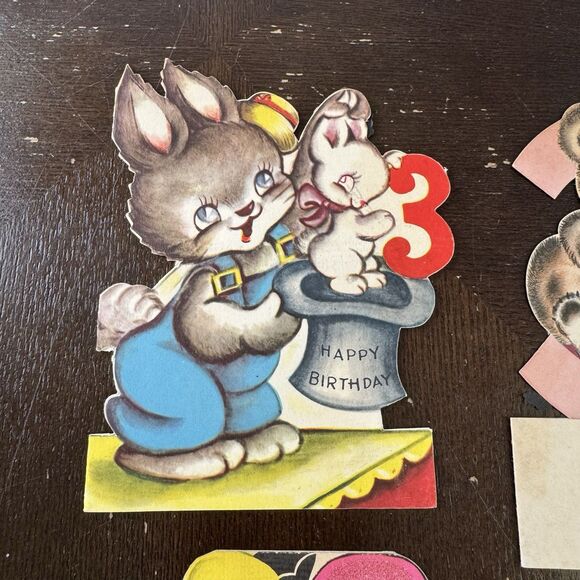 Vintage Birthday Cards Lot Of 8 1940s For 1, 2 & 3 Year Old Elephant Bunny Teddy - Picture 2 of 12